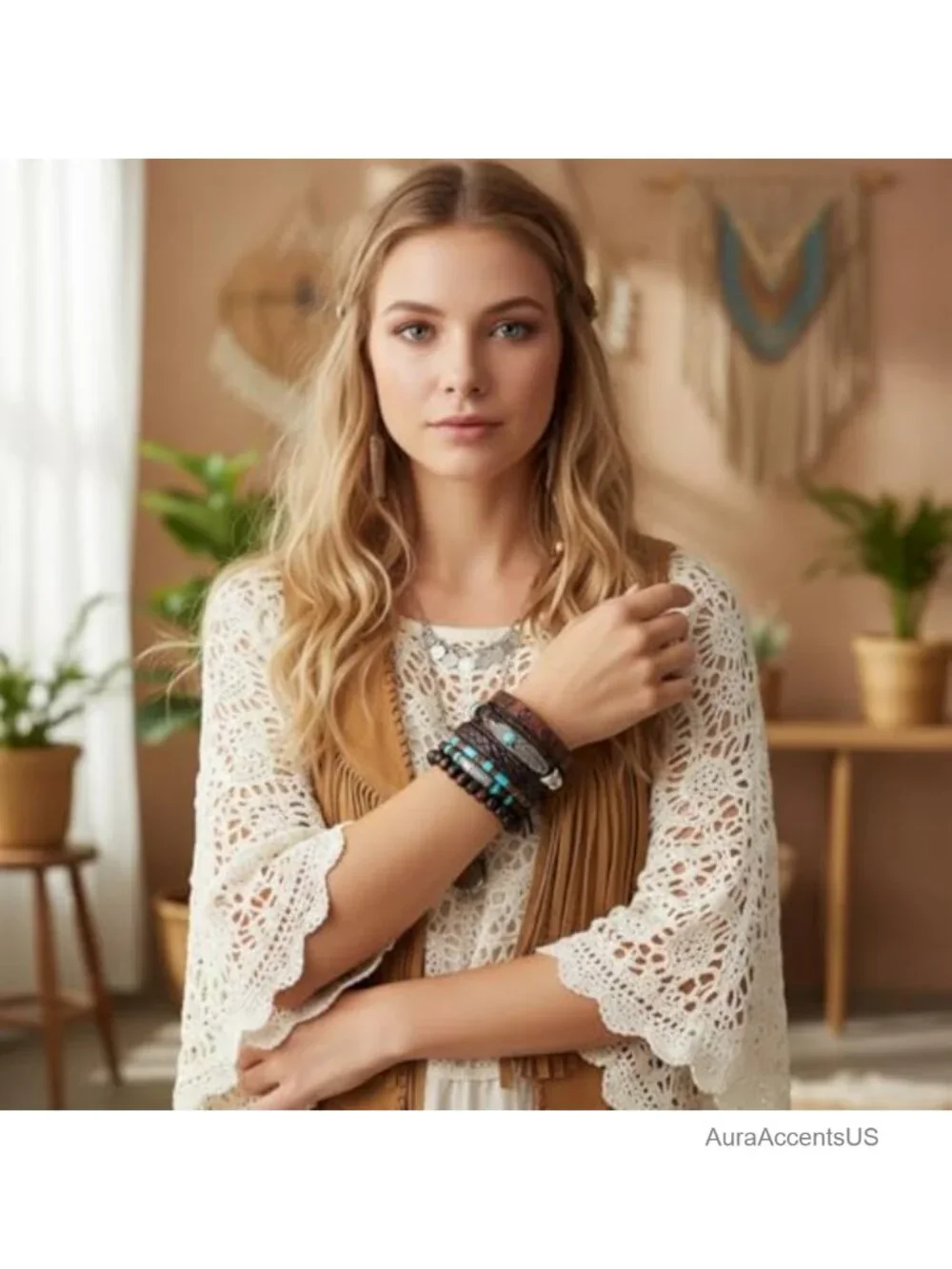 Faux Leather Turquoise Beaded Western Cuff Bracelet for Women Men Bohemian